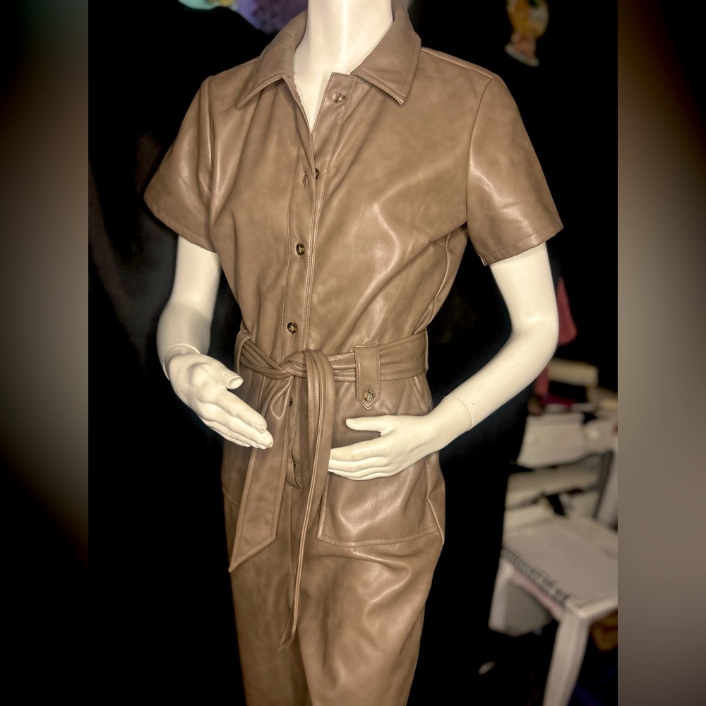 Tan Leather pantsuit with Classic Cut and Belted Waist